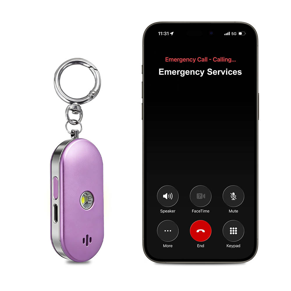 Alarme personnelle SOS porte-clés violette avec lampe torche et appel d'urgence