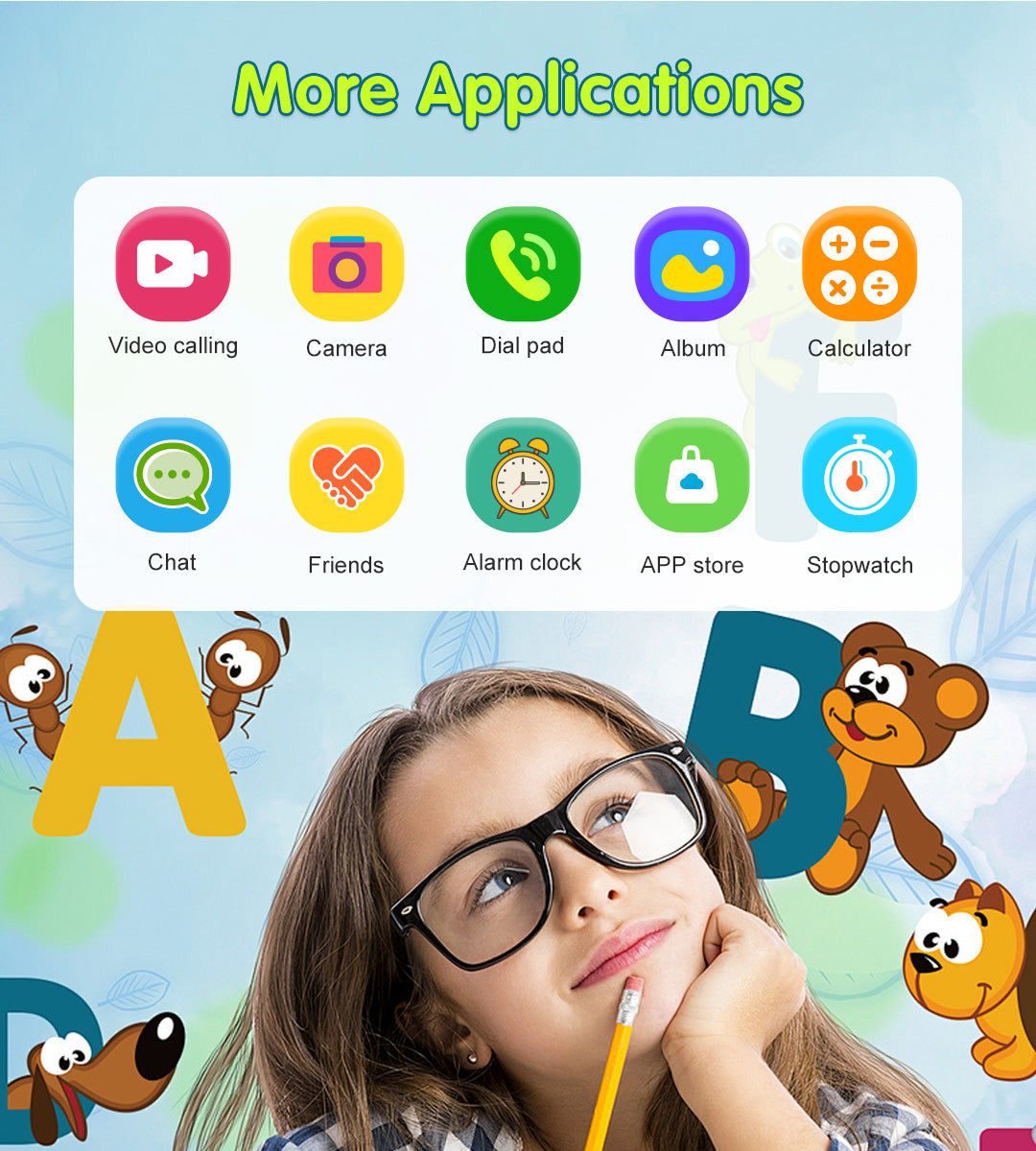 Montre connectée pour enfant Wearintell D56 avec écran, 4G, WiFi, appels vidéo et fonction SOS, affichée en gros plan.